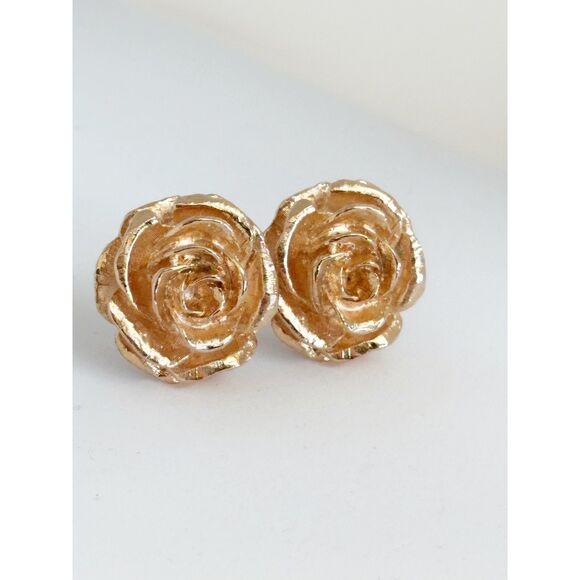 Vintage JBK Gold Tone Rose Clip On Earrings - Picture 3 of 4
